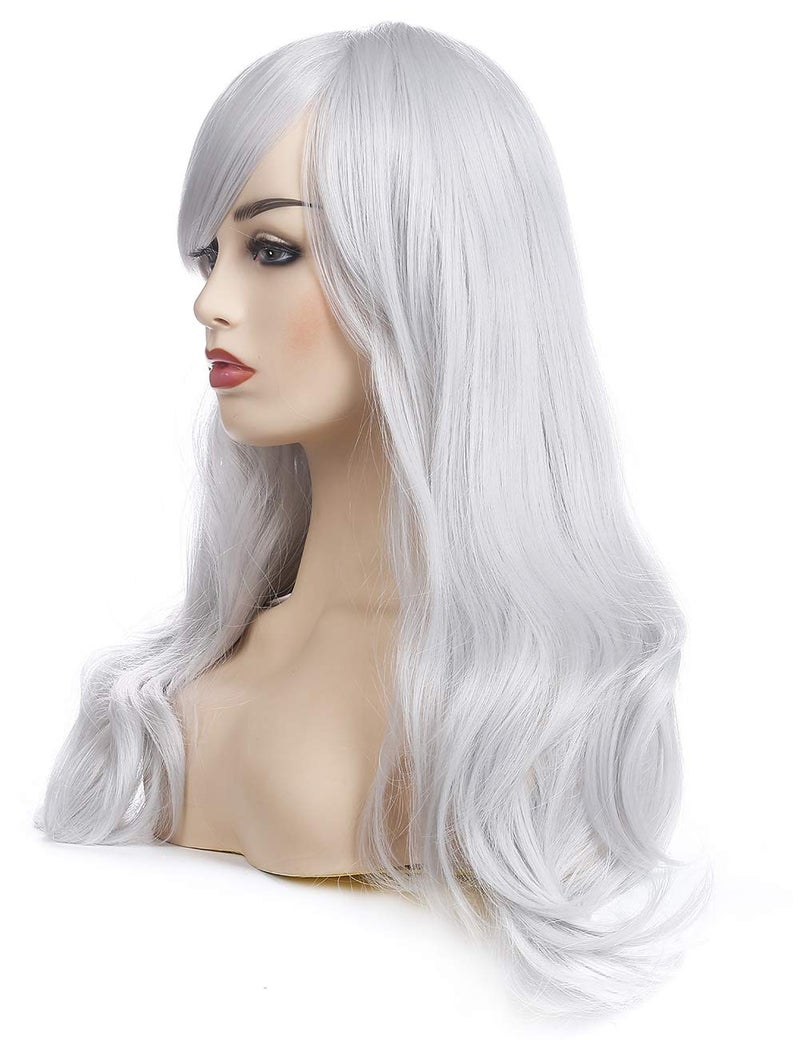 morvally 23 inches Long Curly Wig Big Wave Heat Resistant Synthetic Hair with Bangs for Women Cosplay Costume Halloween Party (Silver Grey) - Image 4